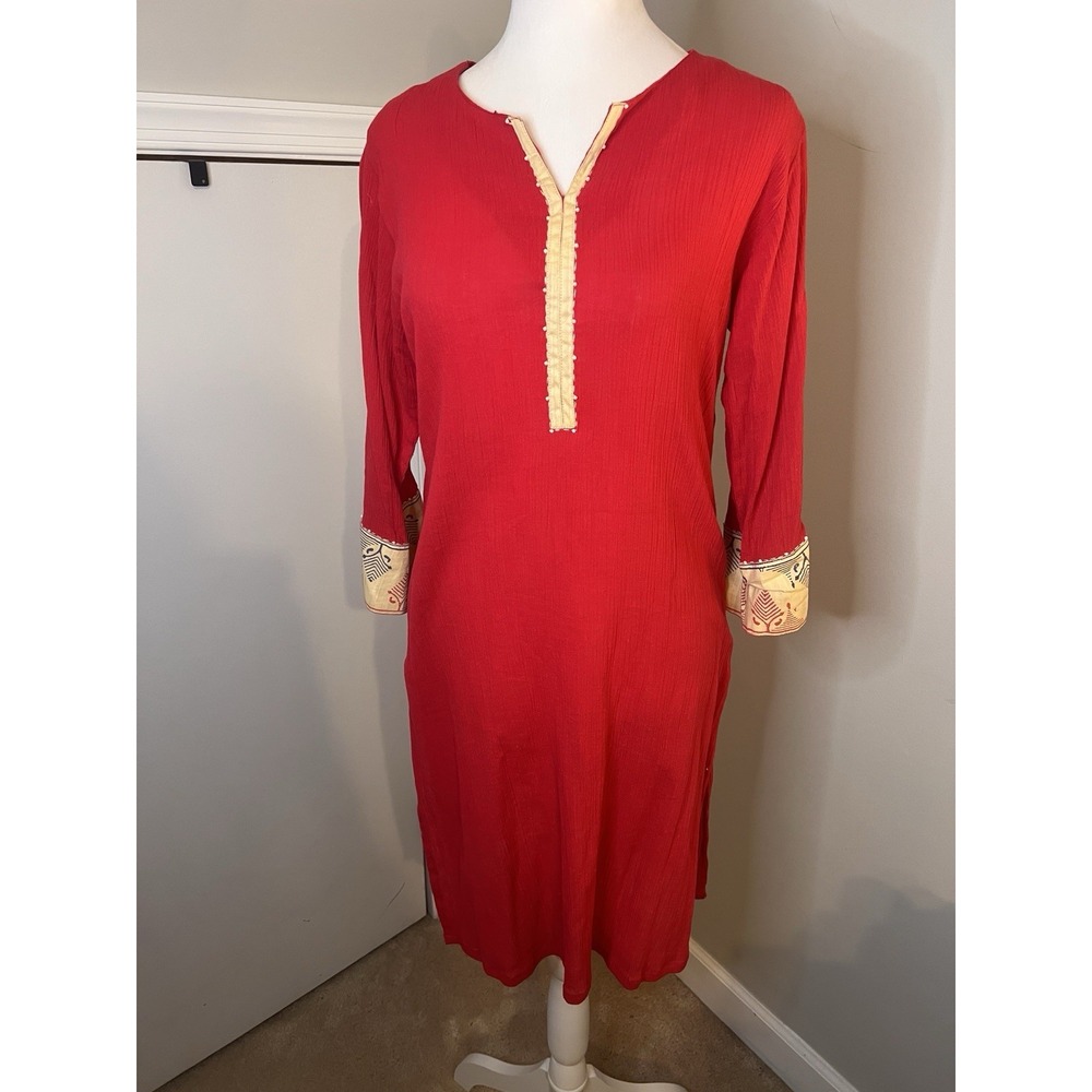 The Bombay Store Red Crinkle Cotton Kurti Tunic Beaded Neck India Women Medium